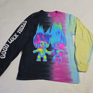 Men's Good Luck Trolls Tie-Dye Black Long Sleeve Tee S